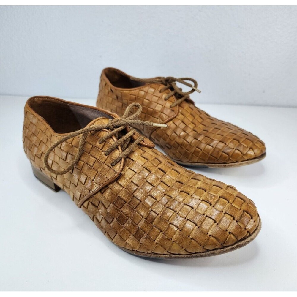 LEONARDO Shoes Women Size 7 EU 38 Italian Woven Leather Loafer Brown Lace Up OBO